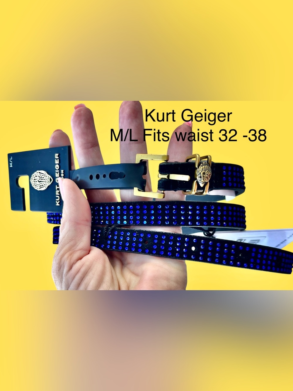 Kurt Geiger RP$105 NWT Shoreditch Belt M/L Blue Crystals/black microsuade